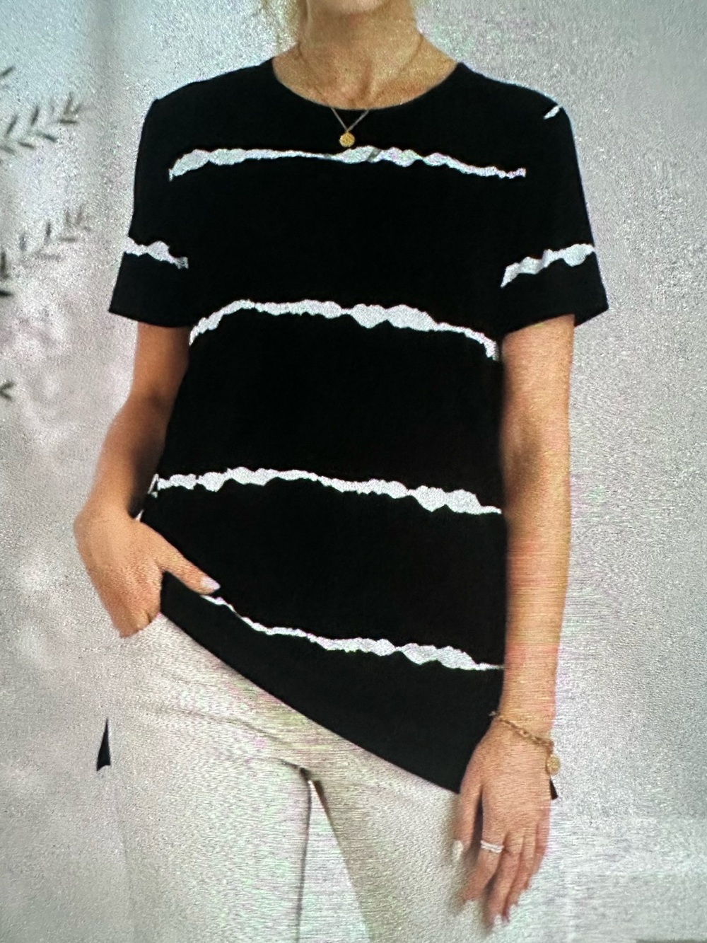 Womenās Black Short Sleeve Top with White Stripe Detailing Small or Medium